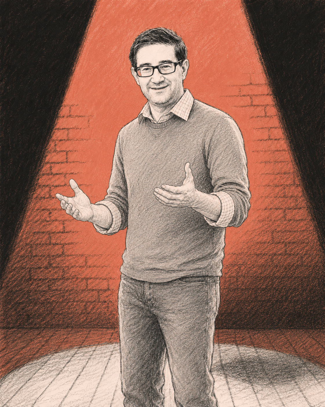 Illustration of David E. Low giving a keynote presentation